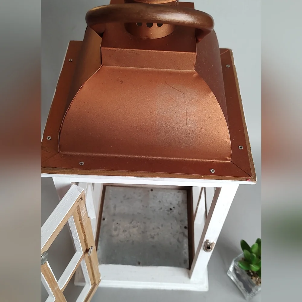 Elements Lantern home decor white and galvanized metal wood good condition - Picture 7 of 11